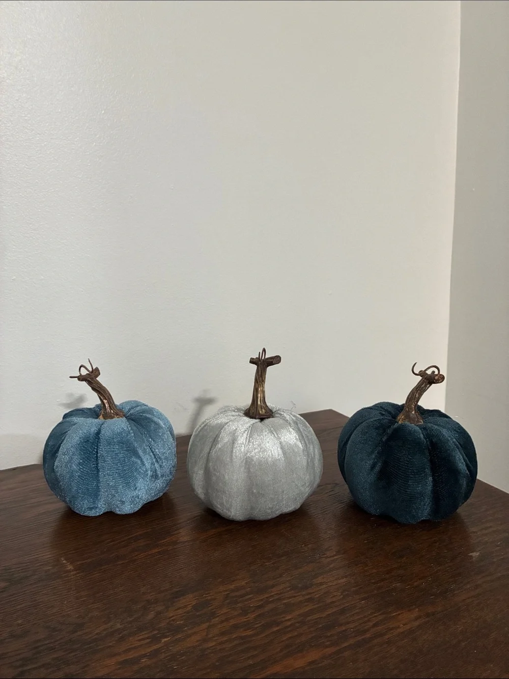 NWT Set of 3- Velvet Pumpkins- Dark Blue, Silver, Teal Fall Holiday Decorations
